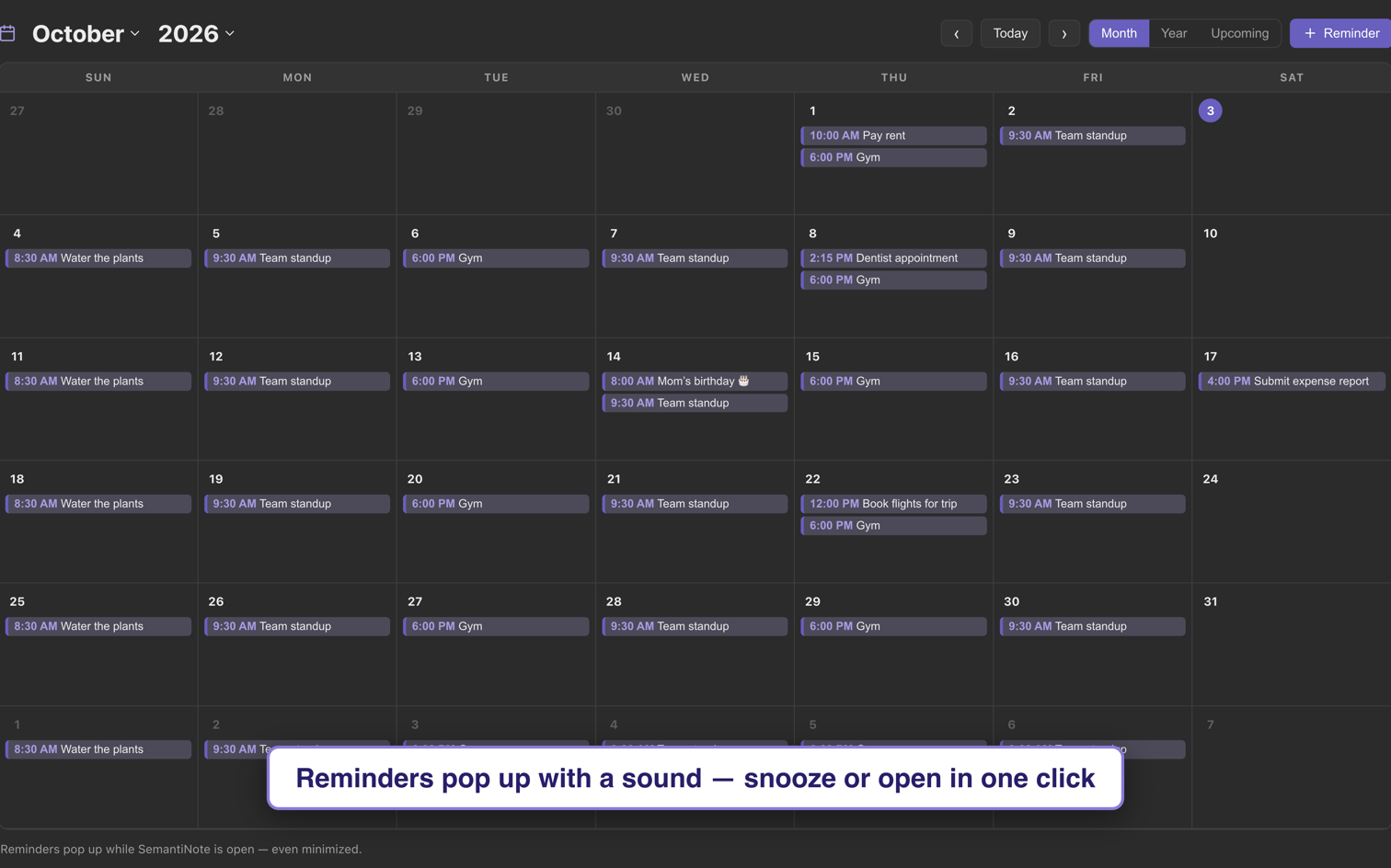 SemantiNote's calendar with reminders