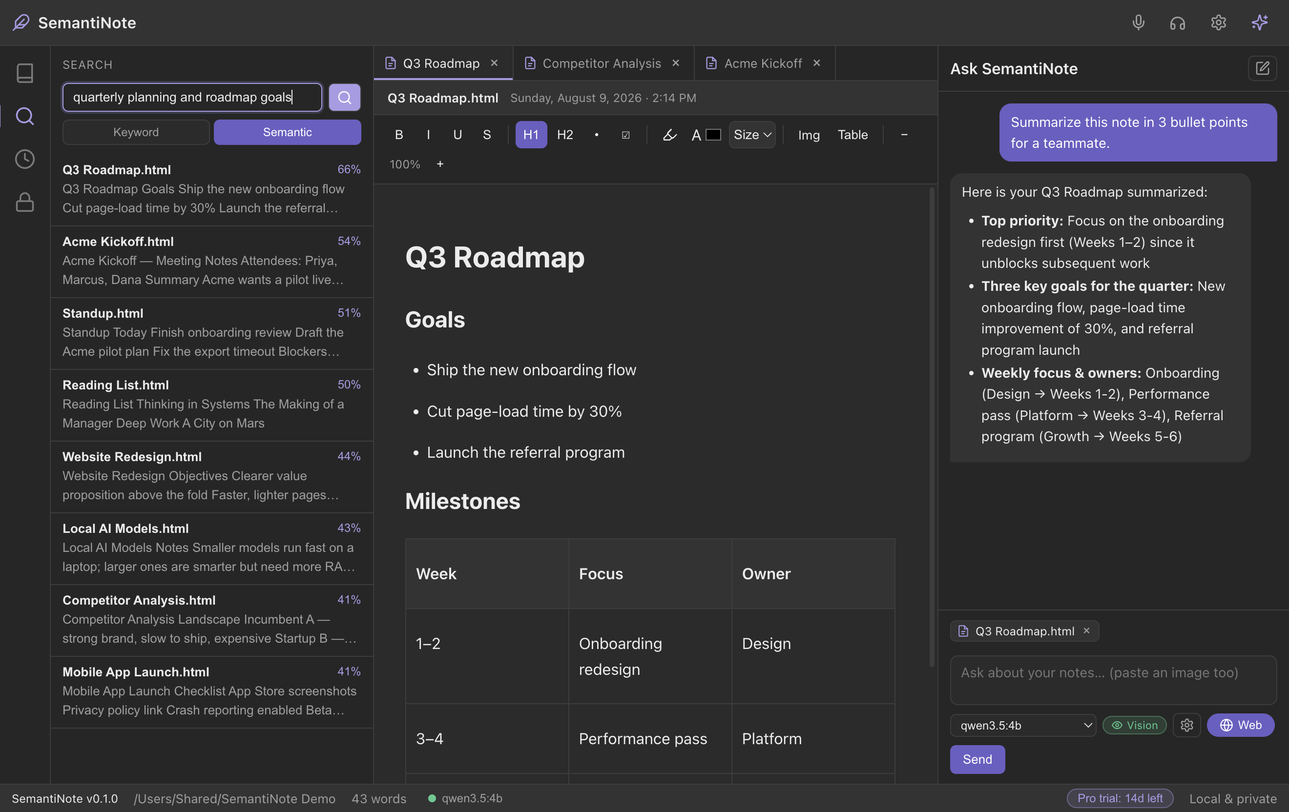 Semantic search results in SemantiNote