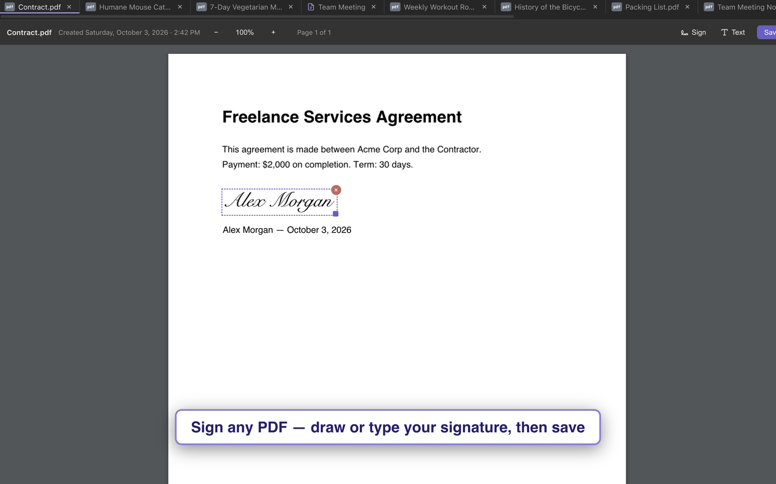 Signing a contract PDF in SemantiNote